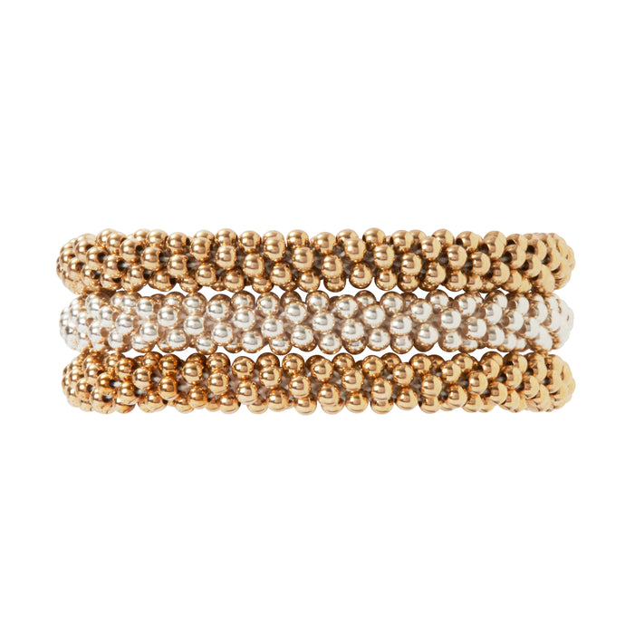 Our Classic Trio Collection which combines 3 bracelets, sterling silver, 14 Kt Gold, and Rose Gold