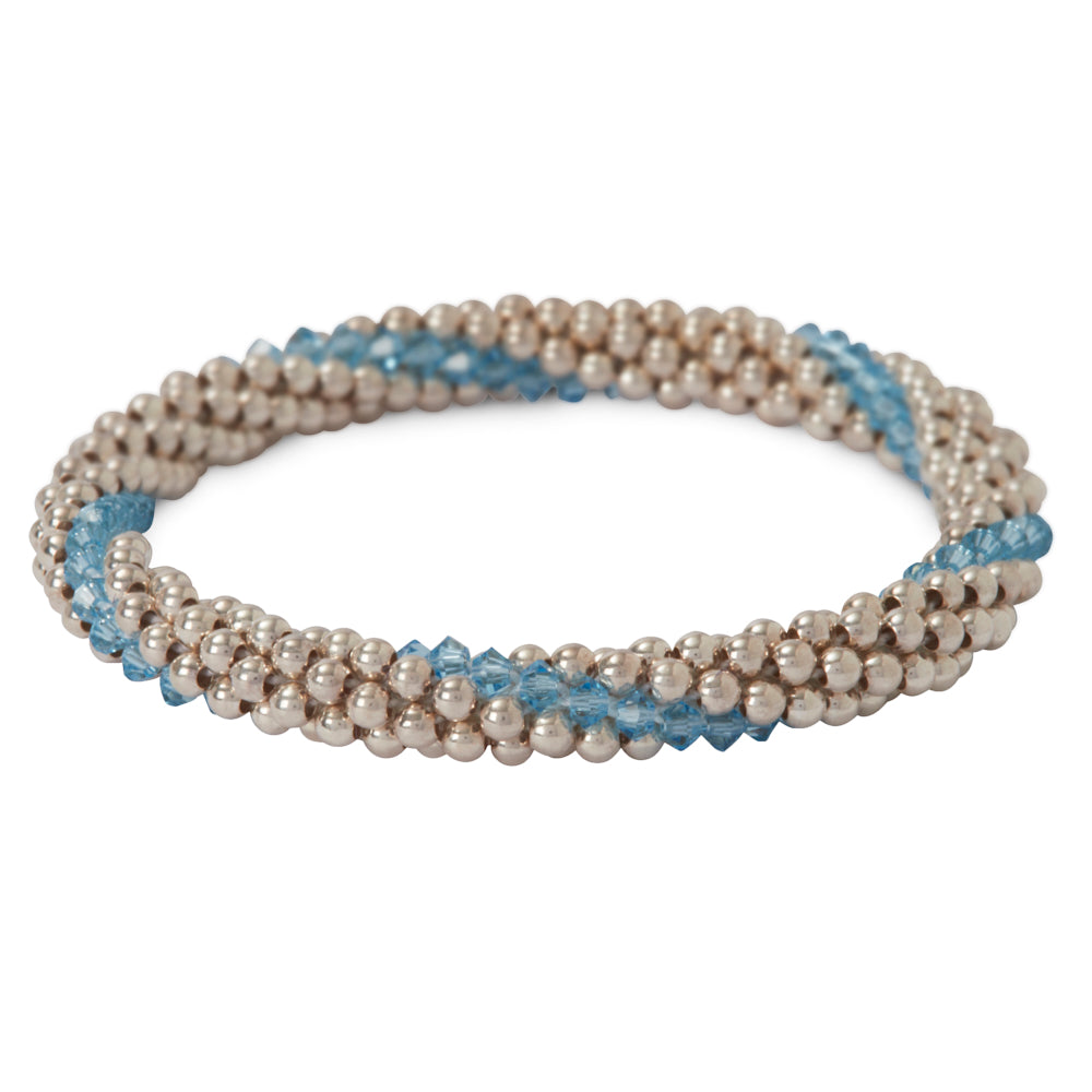 Sterling silver beaded bracelet with Aqua Marine Swarovski crystals in a line design