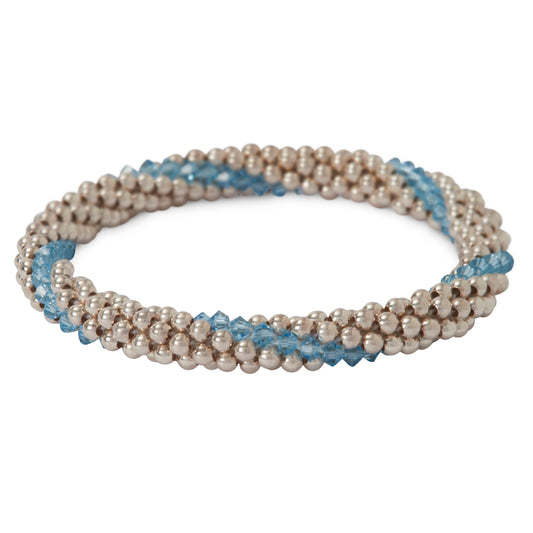 Sterling silver beaded bracelet with Aqua Marine Swarovski crystals in a line design