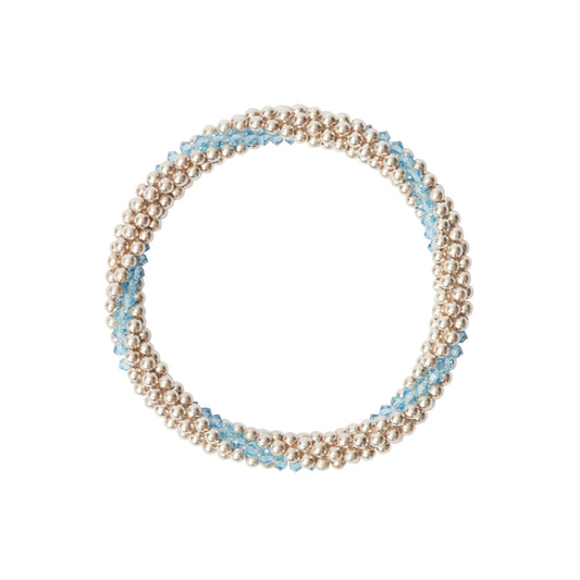 Sterling silver beaded bracelet with Aqua Marine Swarovski crystals in a line design