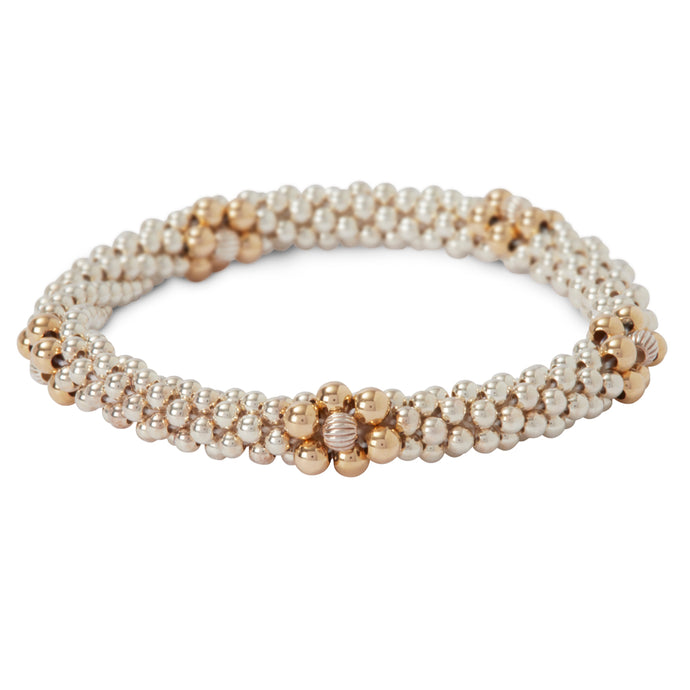 This photo shows our Sterling Silver Bracelet with Gold Flower Design