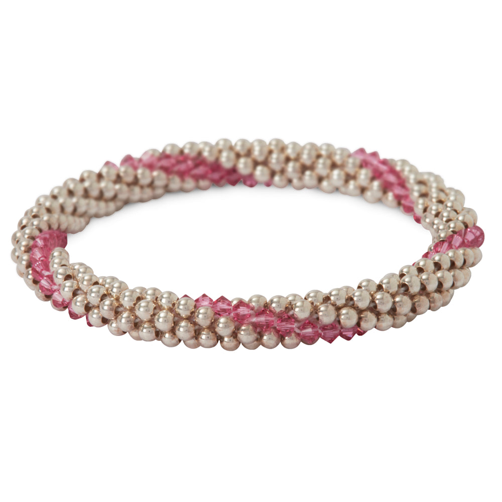Sterling silver beaded bracelet with Rose Swarovski crystals in a line design