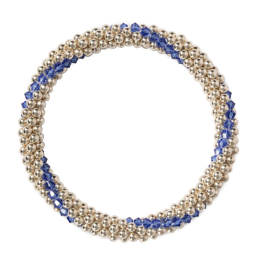Sterling silver beaded bracelet with Sapphire Swarovski crystals in a line design