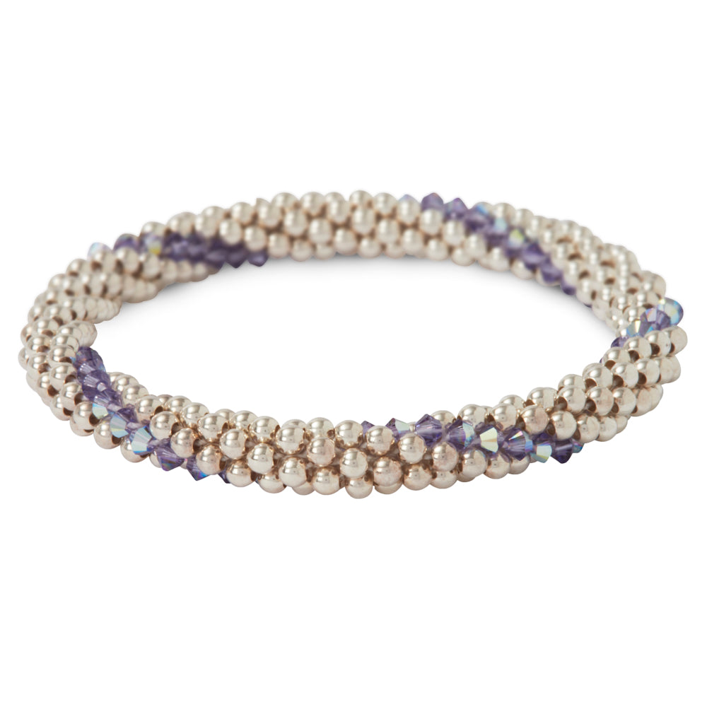 Sterling silver beaded bracelet with Tanzanite Swarovski crystals in a line design