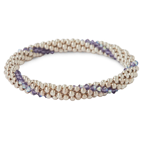 Sterling silver beaded bracelet with Tanzanite Swarovski crystals in a line design