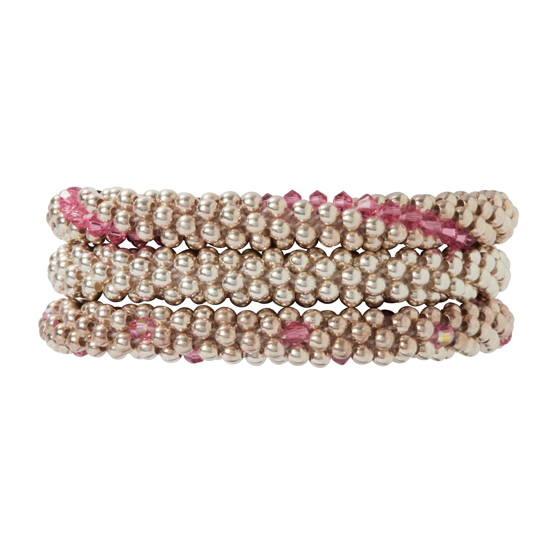 A trio of bracelets featuring, our classic sterling silver, sterling silver with rose Swarovski crystals in dot design and sterling silver with Swarovski in line design.  Beautiful combination.
